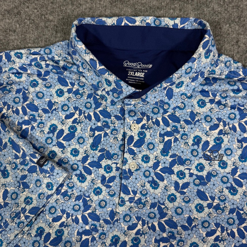 Good Good Golf Polo Shirt Floral Performance Stretch Mens 2XL Blue White EUC